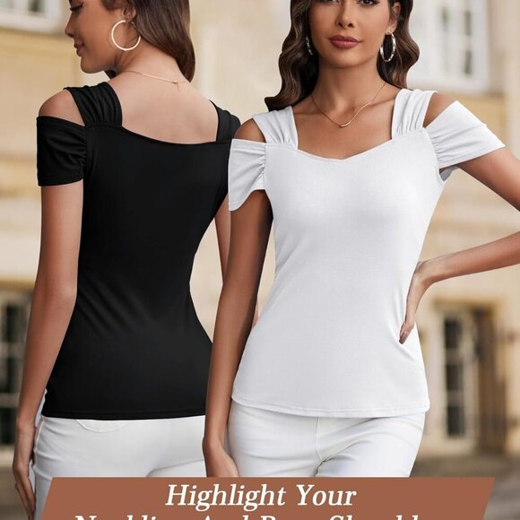 Cold Shoulder Tops Summer Tunic Shirts for Women T Shirts V Neck Short Sleeve Ca - Picture 4 of 4